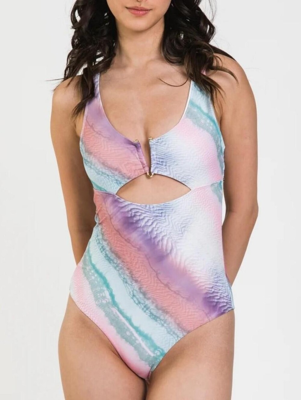 Quint Soul Pastel Marble Cutout One-Piece Bodysuit in Pink, Purple & Mint Sz M